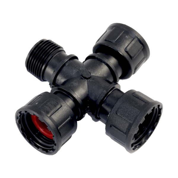 PVC - Verbindungsstück Ventilverteiler mit O-Ring Kreuzstück 1" IG x 1" IG x 1" IG x 1" AG Schwarz