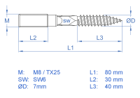 Stockschraube - Doppelgewinde TX verzinkt M8 x 80 mm