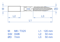 Stockschraube - Doppelgewinde TX verzinkt M8 x 120 mm
